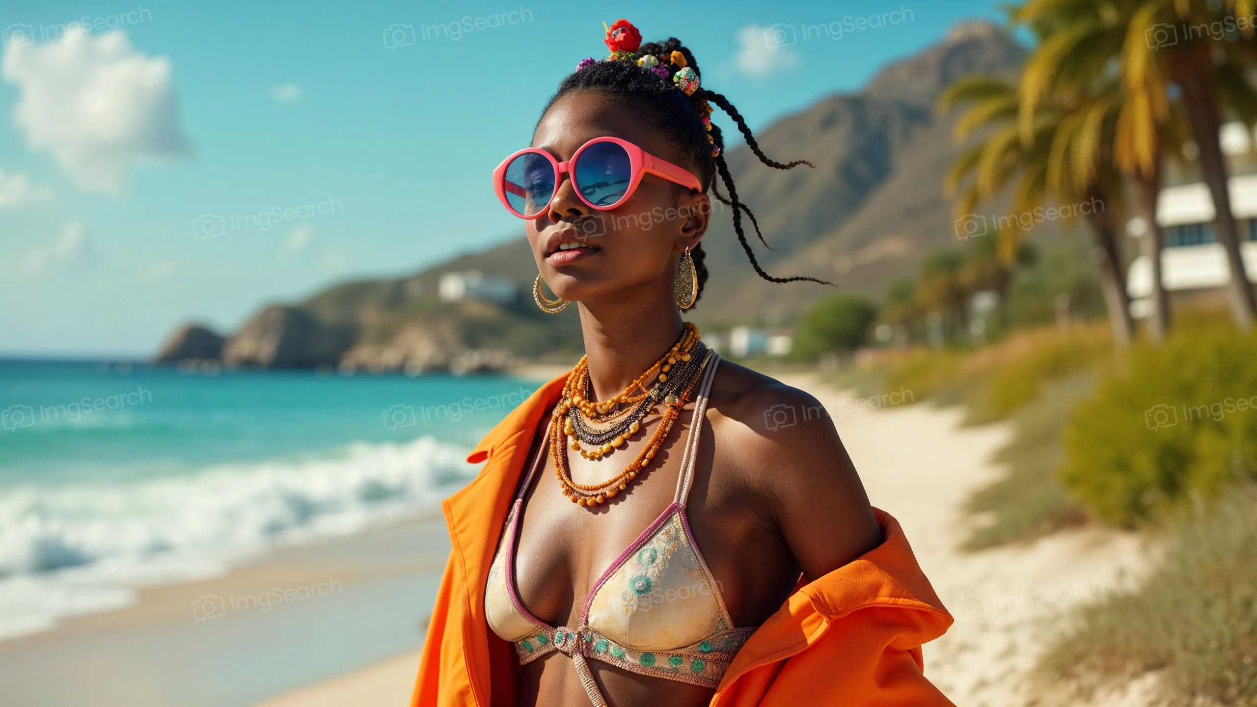 A fashionable woman in sunglasses and swimwear stands on the beach, with palm trees and ocean in the background.