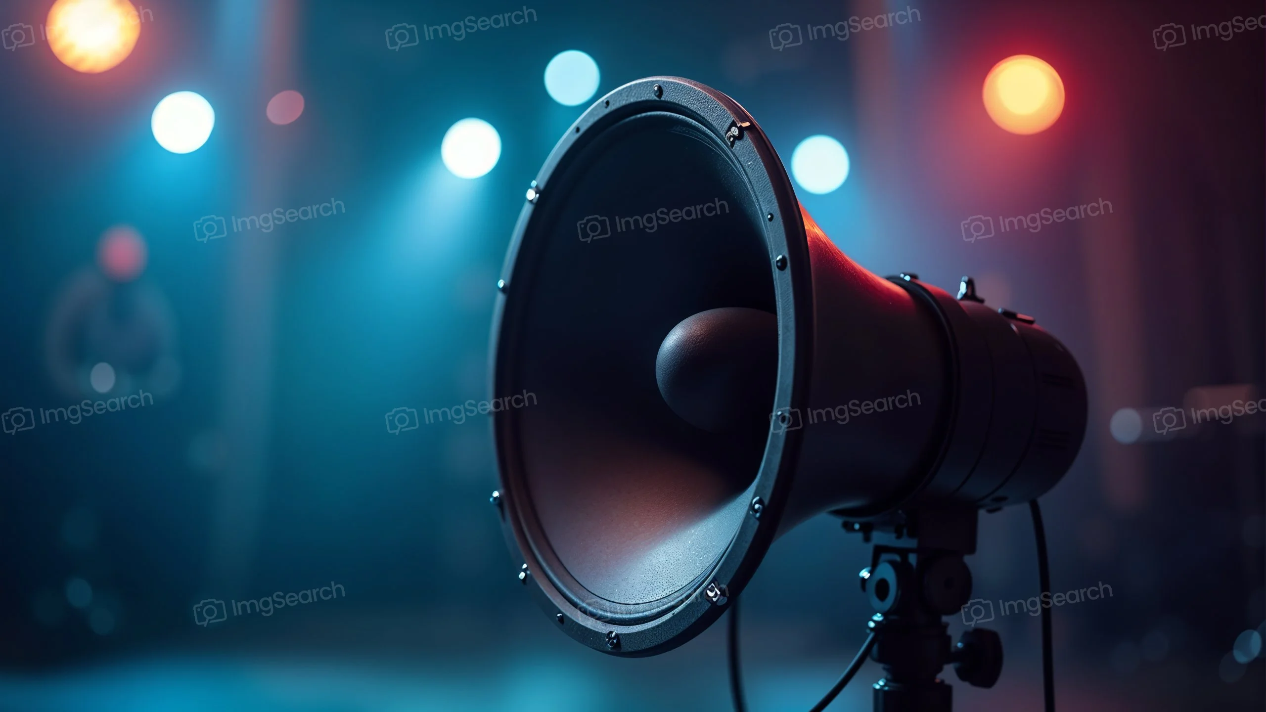 Close-up of a vintage audio speaker with colorful stage lighting in the background