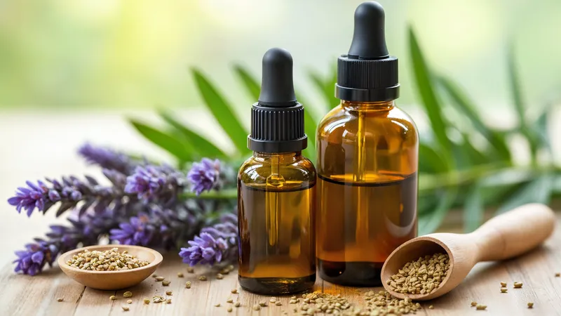 Two amber glass bottles of essential oils next to lavender flowers and herbal seeds on a wooden table