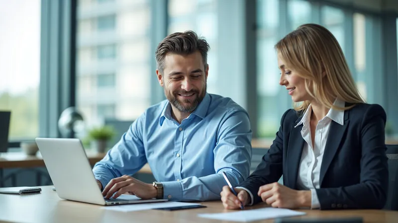 Two professionals discussing over a laptop in a modern office environment